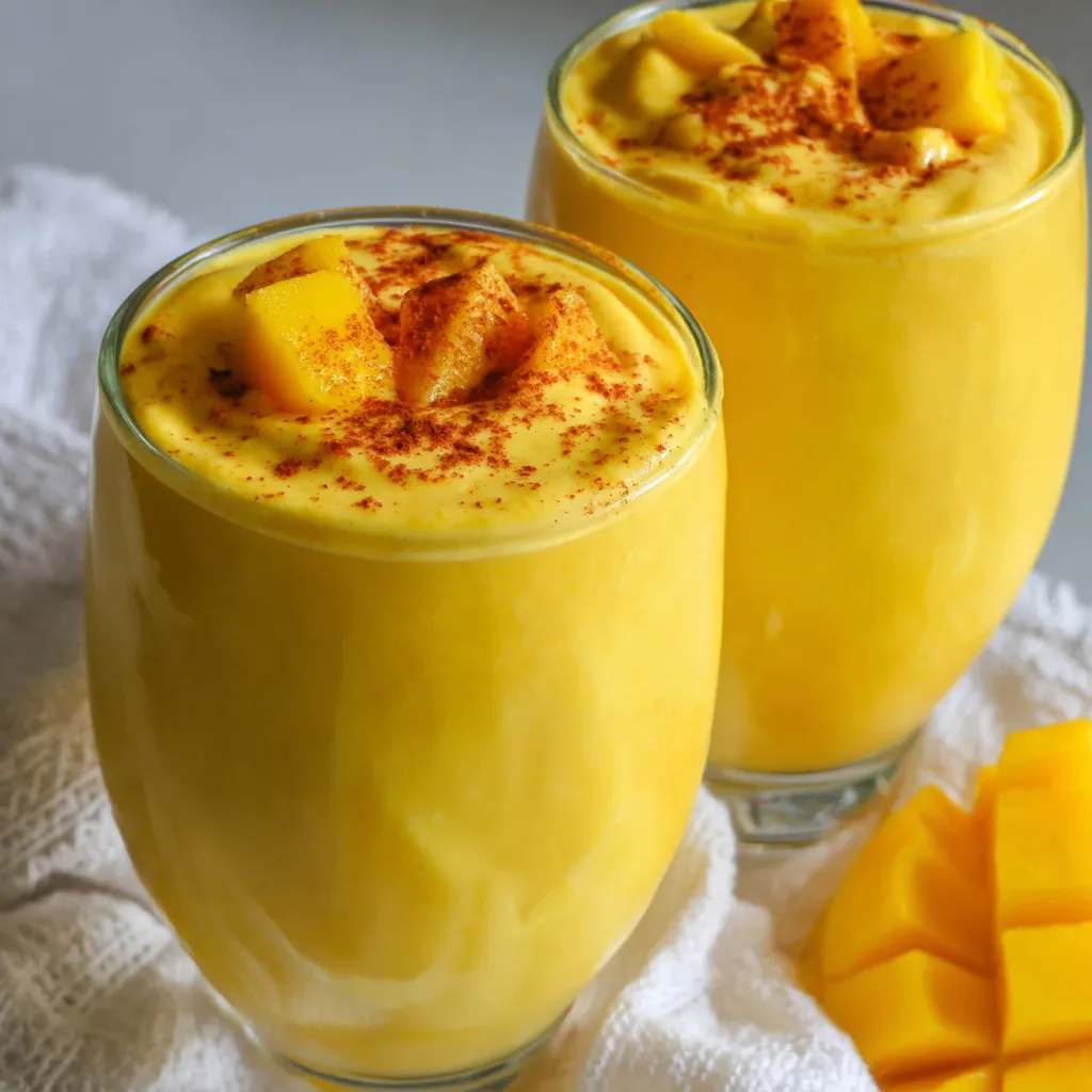 Two glasses of mango smoothie on a table.