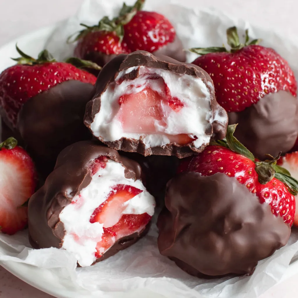 A plate of chocolate strawberry yogurt clusters.