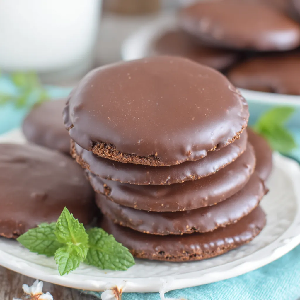 A stack of homemade thin mints girl scout cookies.