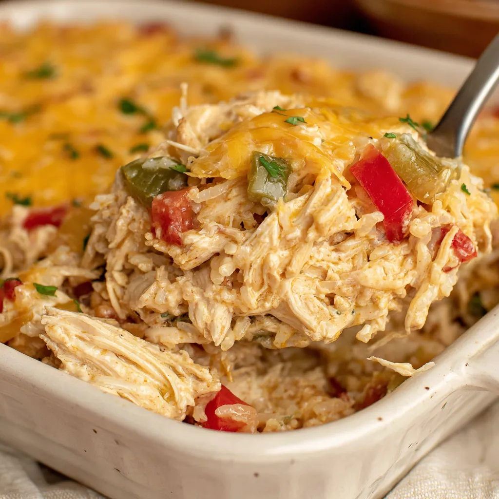 A fork is in a bowl of chicken fajita casserole.
