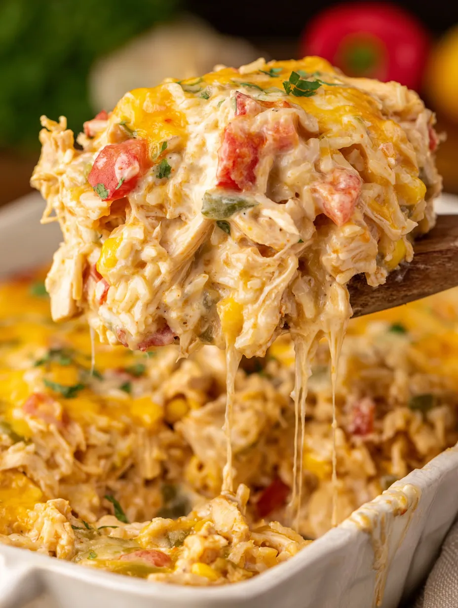 A fork is being used to eat a chicken fajita casserole.