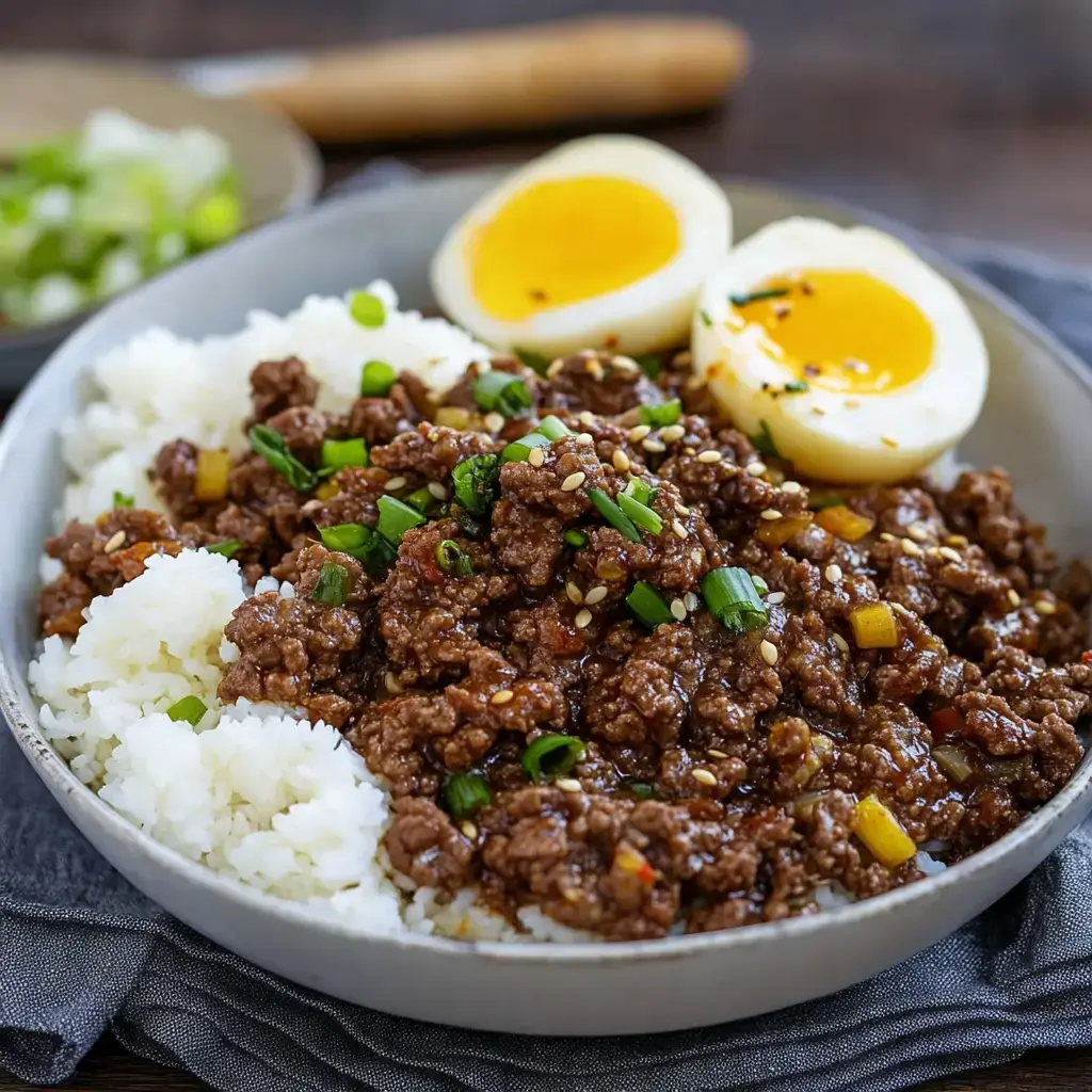 Rice topped with seasoned beef, sliced green onions, sesame, and soft egg halves.