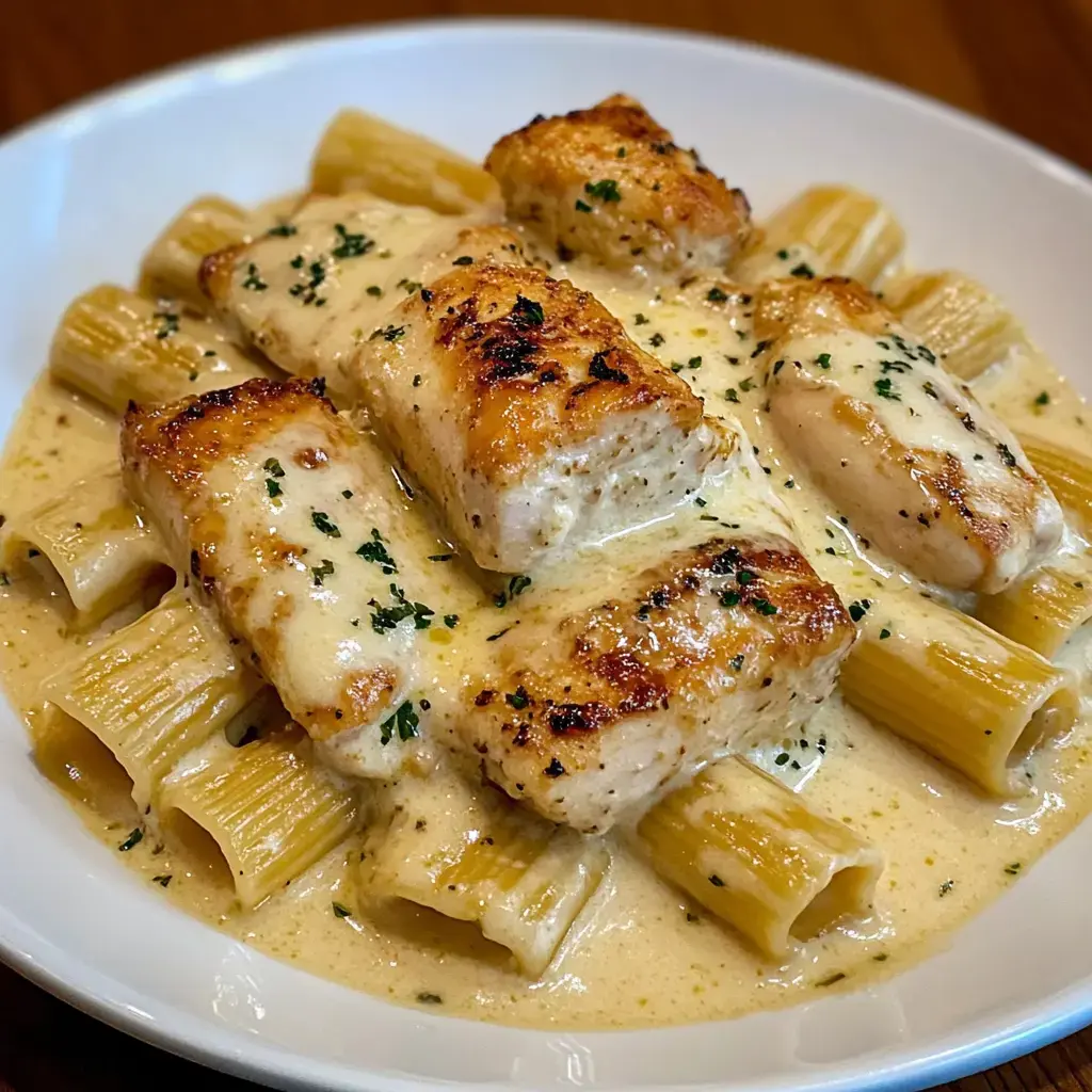 Rigatoni served with grilled chicken pieces in a creamy garlic sauce, topped with parsley.
