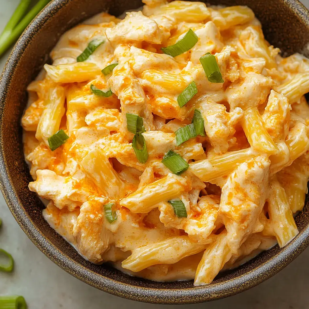 Creamy pasta in a bowl with diced chicken and green onions scattered on top.