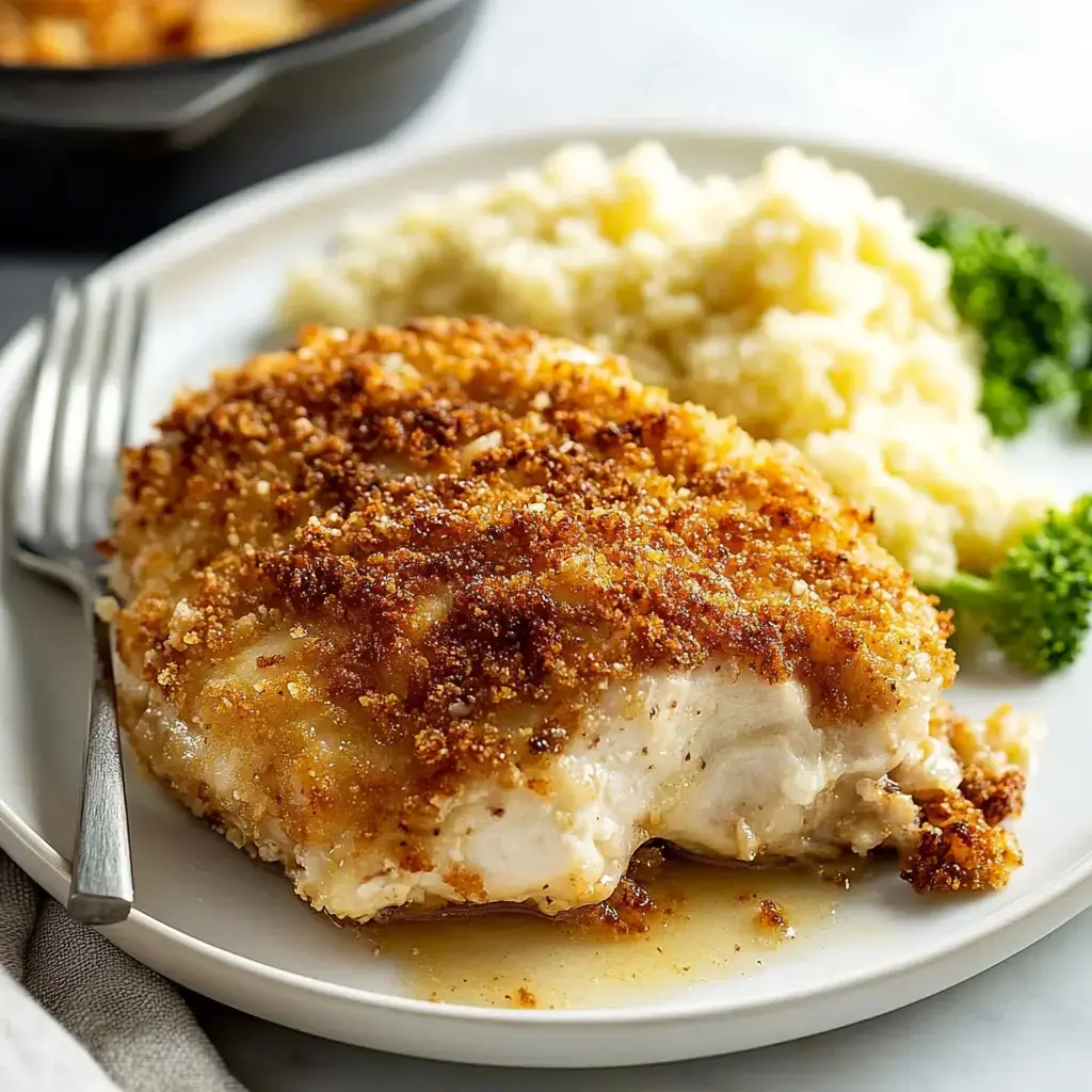Crispy baked chicken on a plate with rice and broccoli on the side.