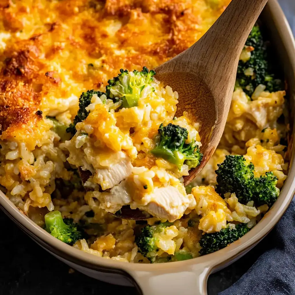 A wooden spoon scooping out a cheesy chicken, broccoli, and rice bake with a crispy golden topping.