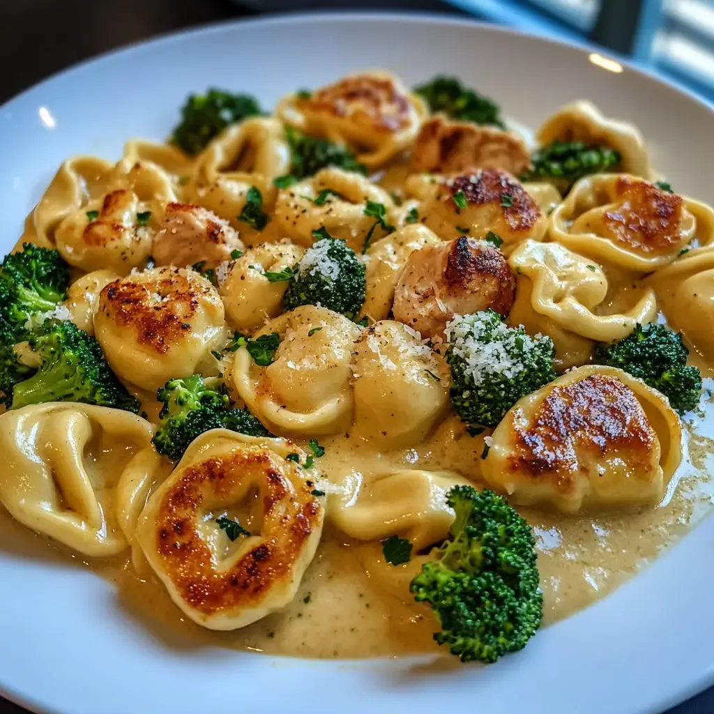 A bowl filled with creamy tortellini pasta, sautéed chicken slices, and fresh broccoli on top.