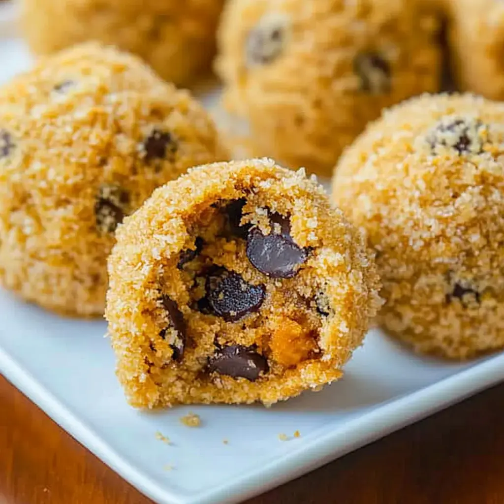 A close-up shot of a partially bitten chocolatey treat with a soft, rich inside, surrounded by other round, coconut-covered snacks.