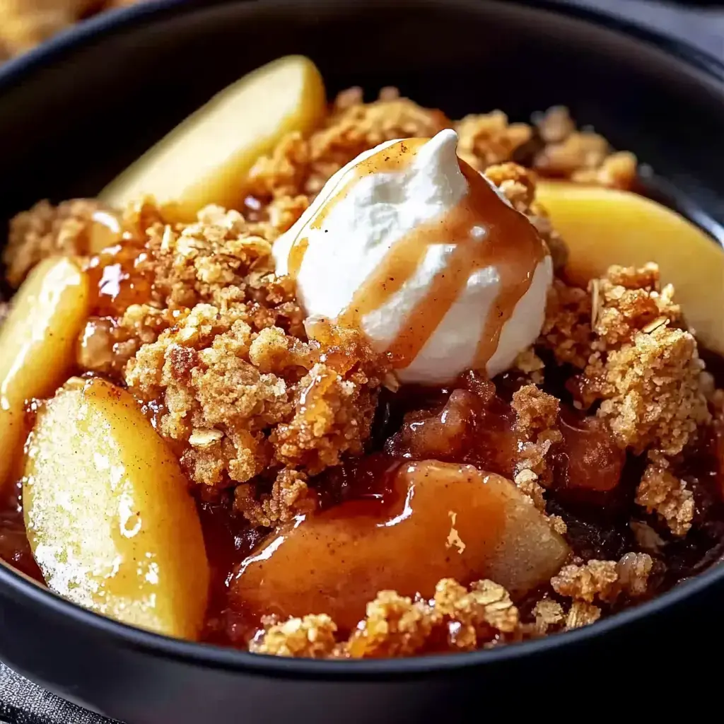 A close view of gooey apple crisp topped with caramel and whipped cream.