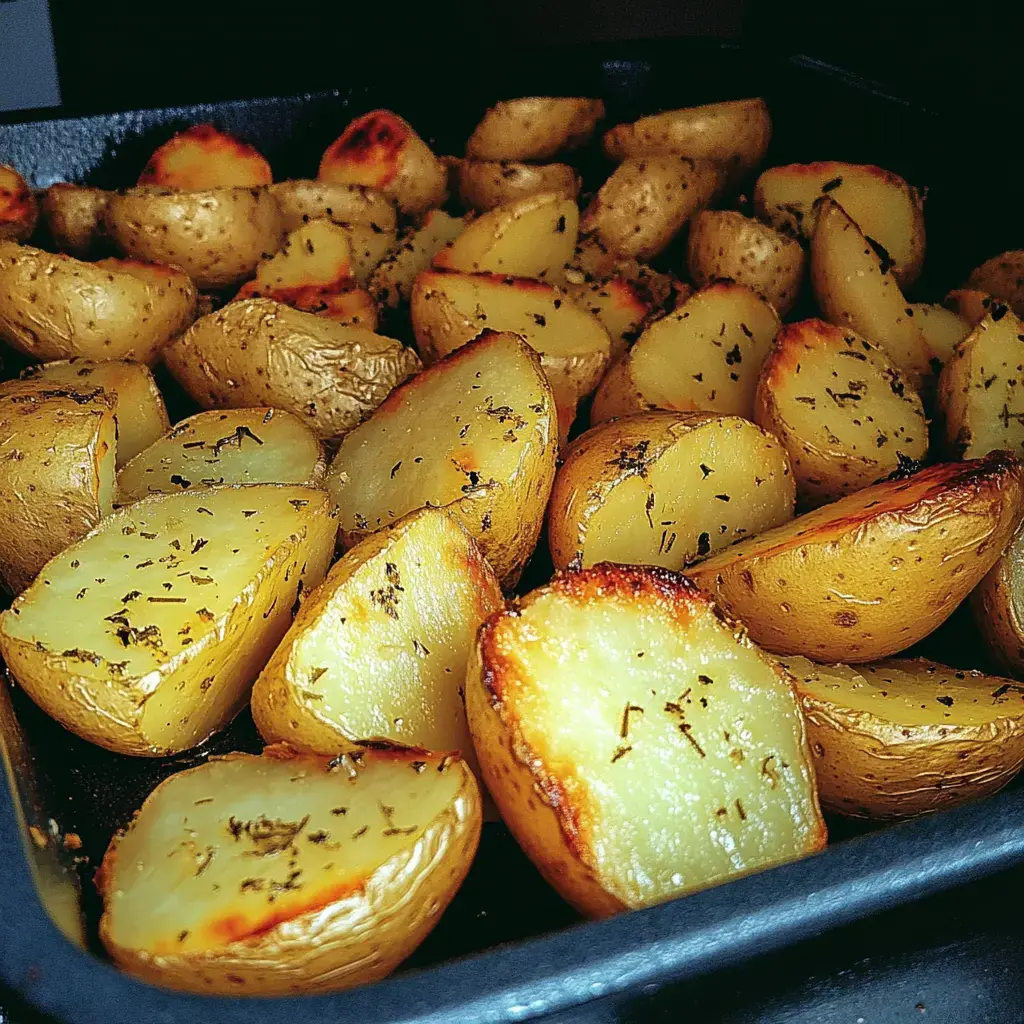 A close-up look at crispy roasted potatoes topped with fresh herbs on a baking tray.