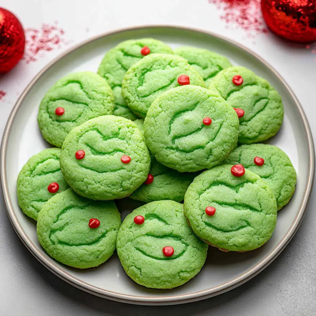 Bright green cookies with red heart decorations on a light dish, surrounded by holiday trimmings.