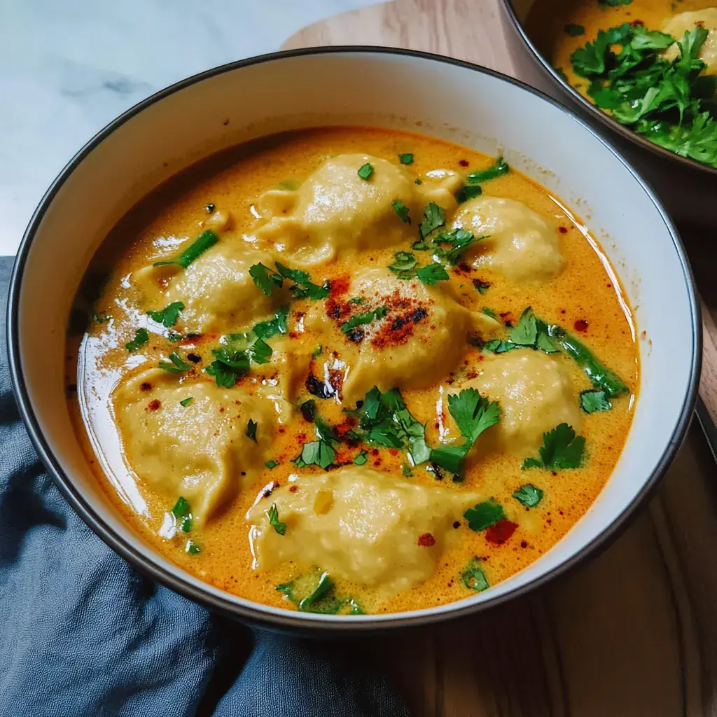 A creamy Thai-style broth with dumplings, cilantro, and spices in a bowl on a rustic table.