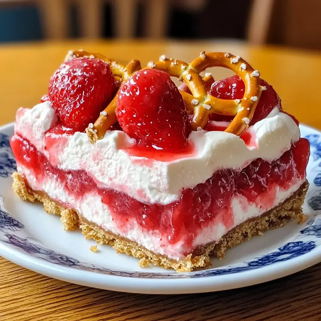 A layered berry dessert slice topped with whipped cream, strawberries, and pretzels on a patterned plate.