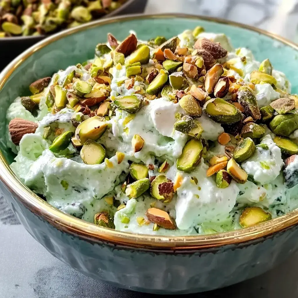A bowl of fluffy green dessert sprinkled with pistachios and almonds.