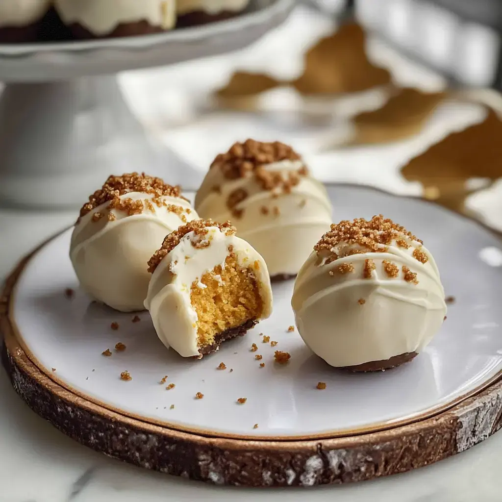 Round, white chocolate-covered bites with golden filling and crunchy toppings, some partially eaten.