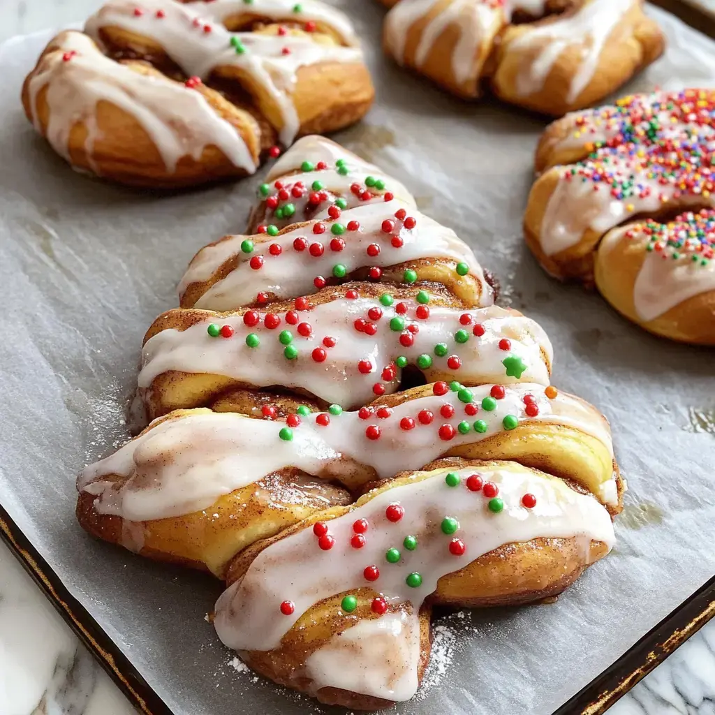 A holiday-shaped cinnamon roll design brushed with icing and sprinkled with green and red decor, served on parchment paper.