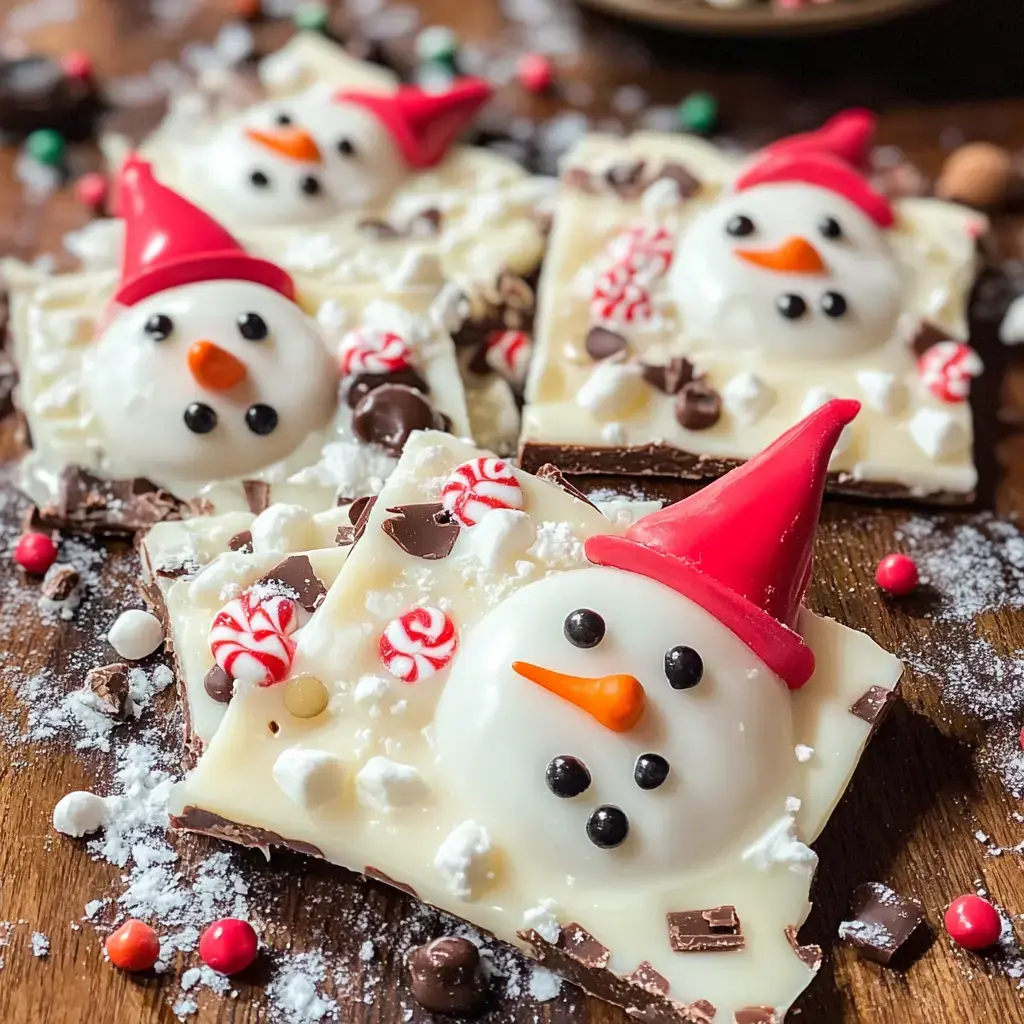 White chocolate bark loaded with snowman-shaped decorations made of cookies, candies, and mint pieces. A festive close-up.