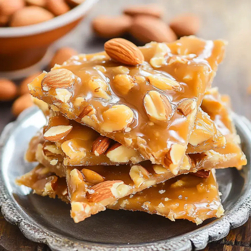 Close-up of stacked almond nut candy pieces on a silver plate, scattered almonds around.