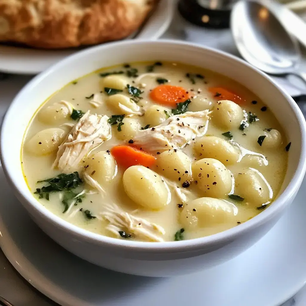 A comforting bowl of rich gnocchi soup with chicken, herbs, and veggies, paired with bread.