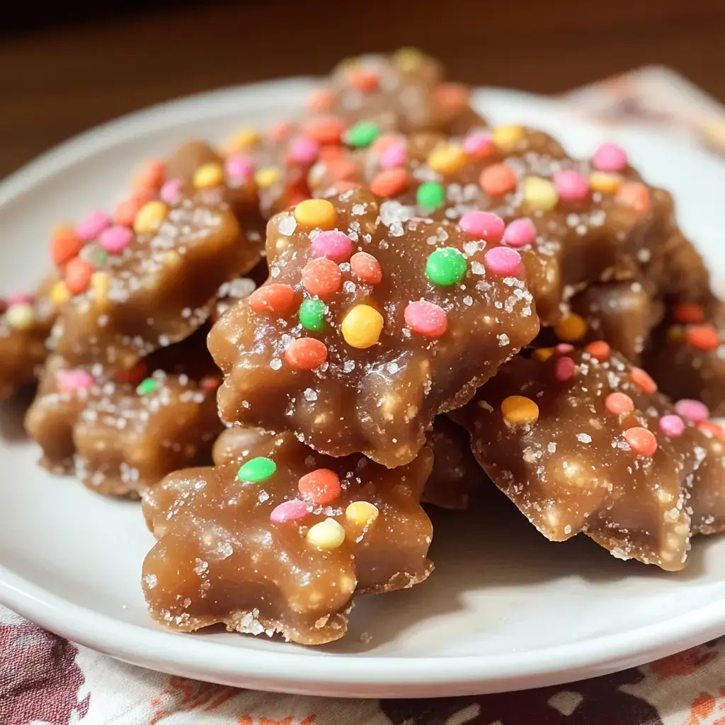 Chocolate candies topped with sugar and colorful sprinkles on a plate.