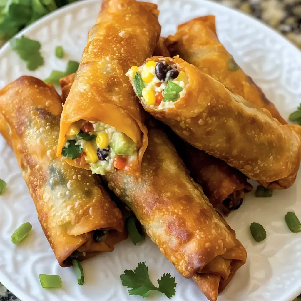 A platter of crispy, golden rolls filled with cheese, beans, and veggies, with fresh cilantro on top.
