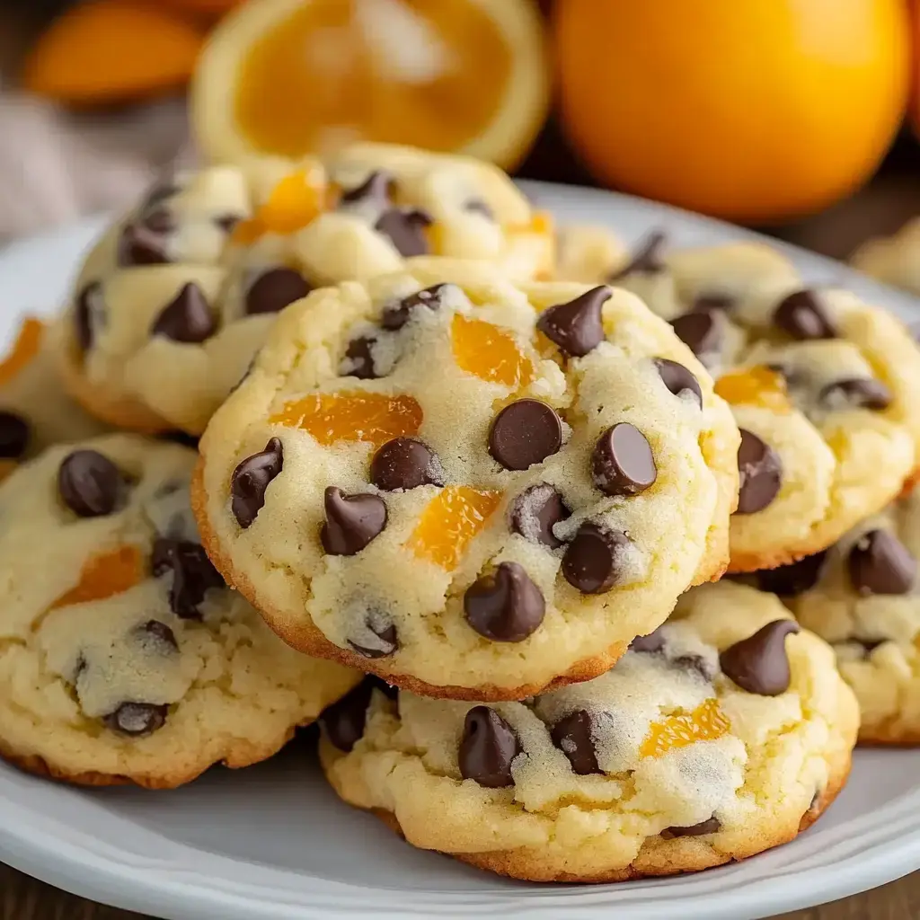 A plate of soft cookies with chunks of chocolate and orange zest.
