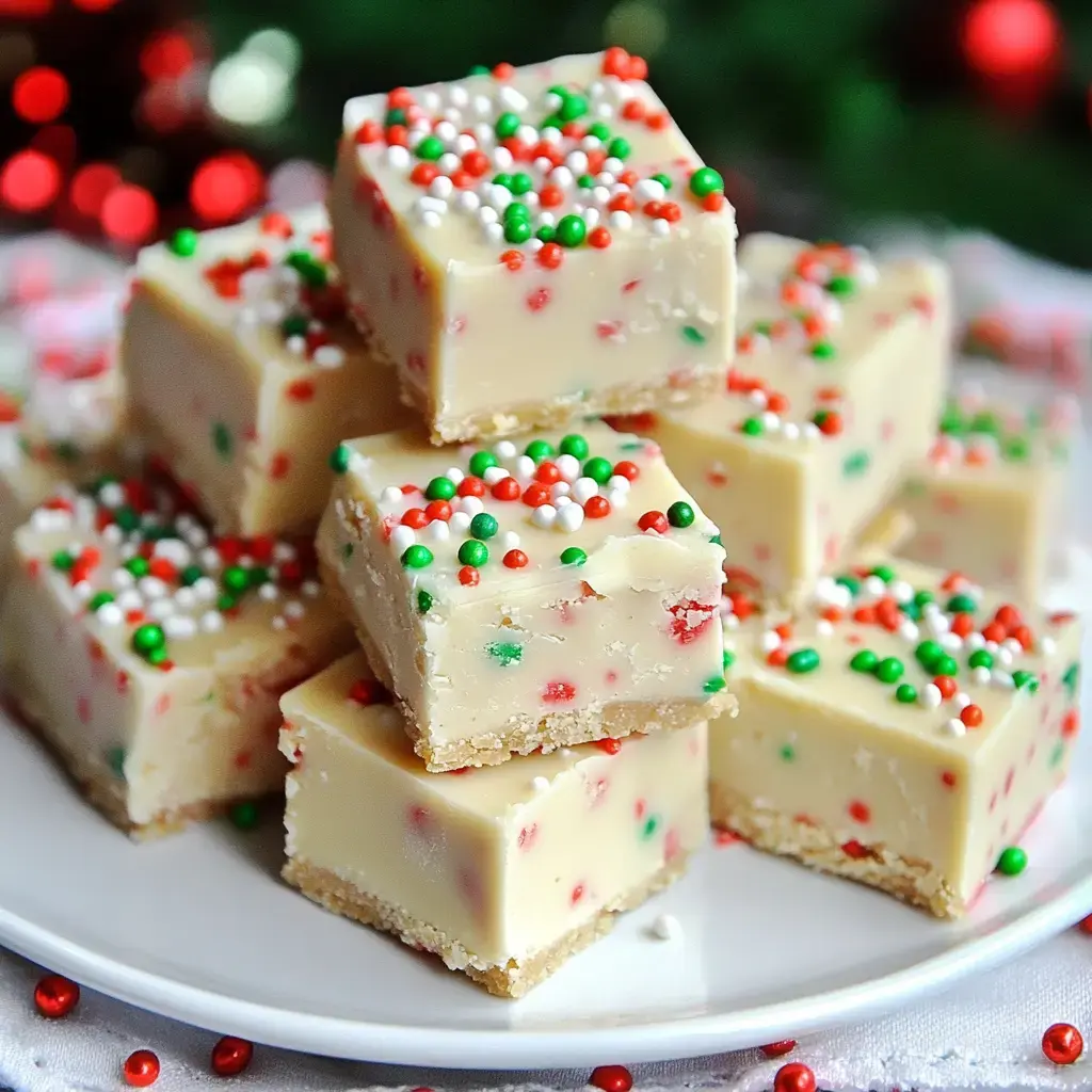 Bright, festive fudge squares topped with red, green, and white sprinkles on a plate.