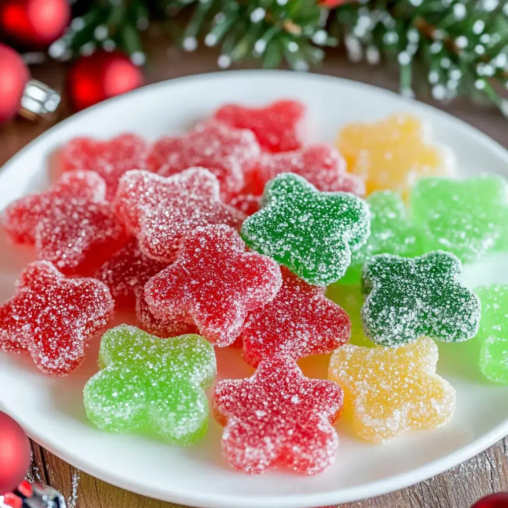 A plate piled with colorful gummy candies shaped like stars in red, yellow, green, and orange, surrounded by holiday greenery and ornaments.
