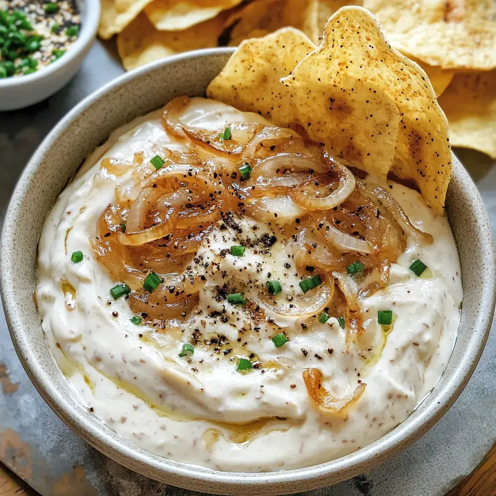 A creamy dip in a bowl with golden onions and fresh herbs on top, served next to crispy chips.