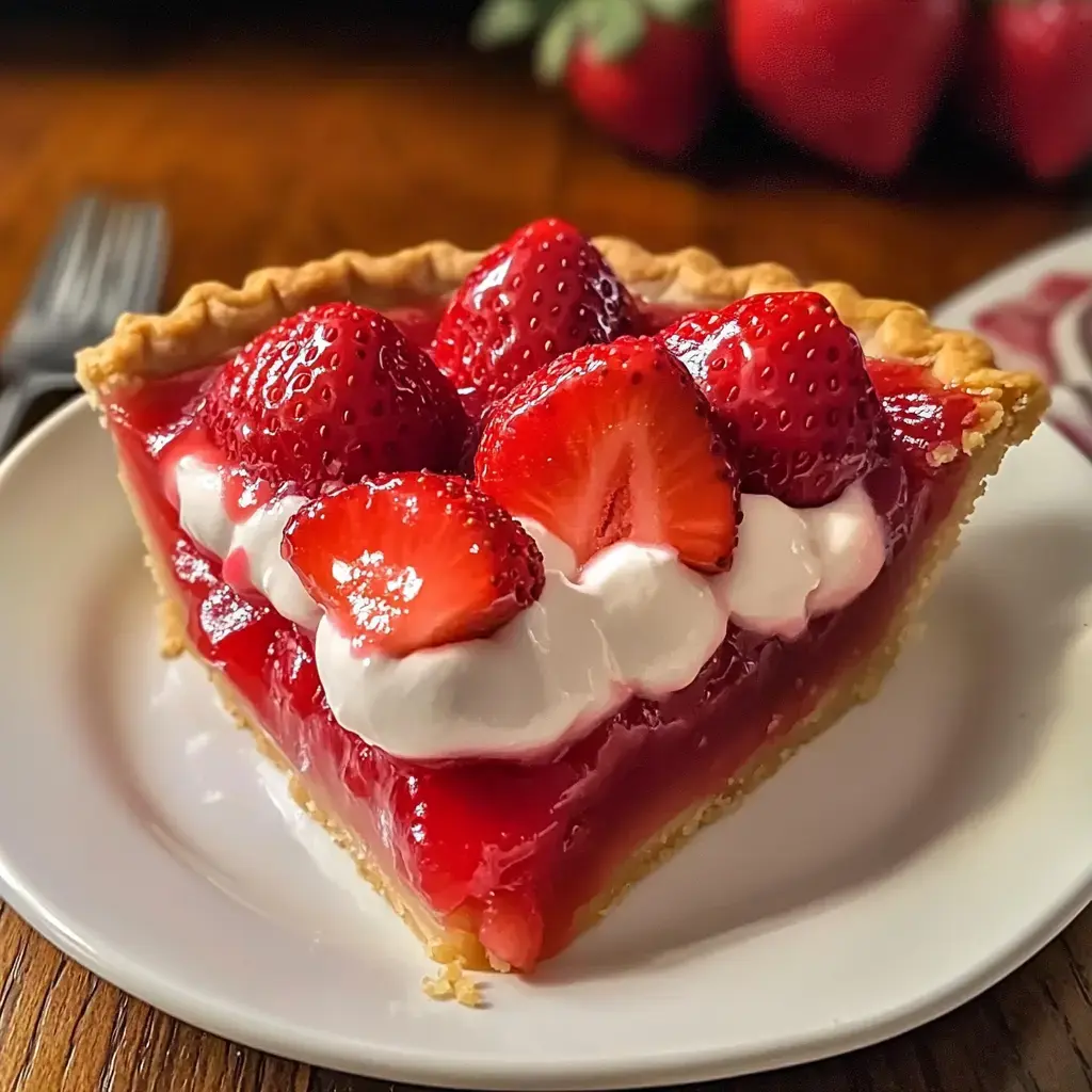A slice of pie with glossy strawberries and whipped cream on a plate.