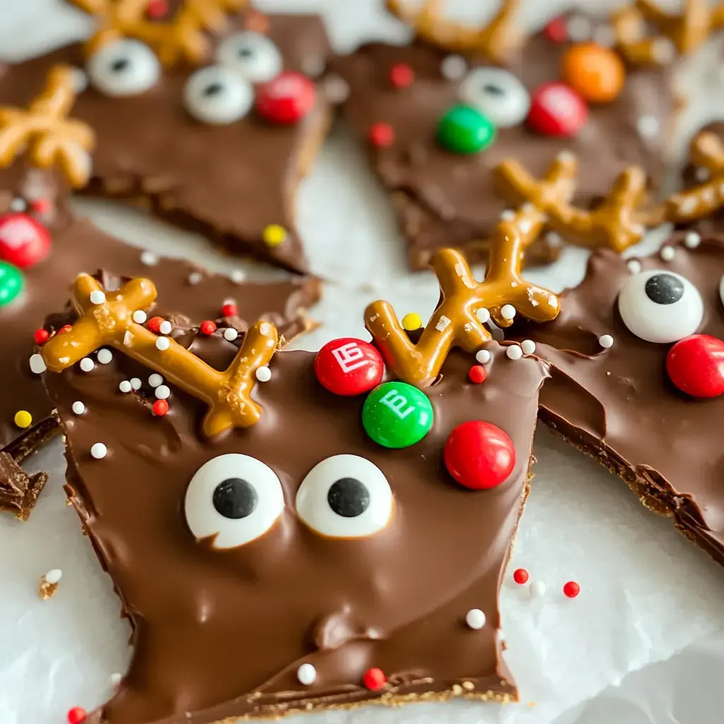 Close-up of reindeer-shaped chocolate bark with pretzel antlers, candy eyes, and bright red noses made from M&Ms.