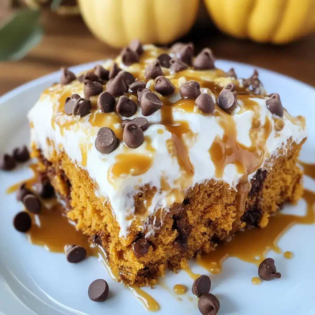 A rich pumpkin dessert slice topped with whipped cream, caramel drizzle, and chocolate chips, on a white plate sprinkled with chocolate chips.