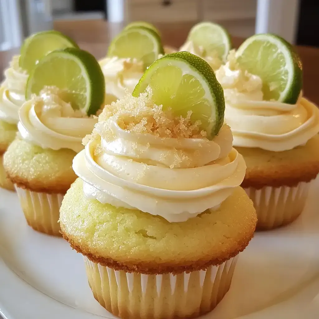 Tangy lime cupcakes topped with smooth frosting, a sprinkle of brown sugar, and lime wedges.