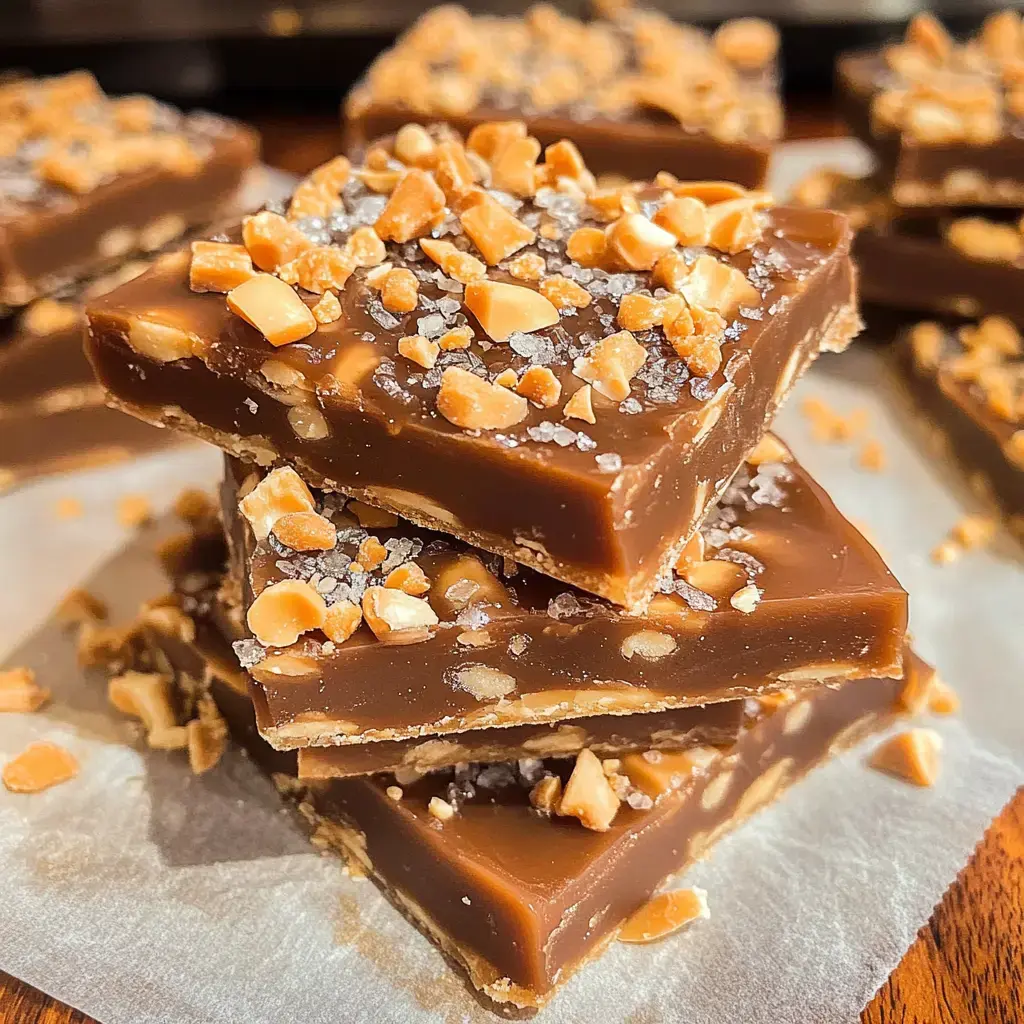 A close-up shot of stacked toffee squares with chocolate and nuts on top.