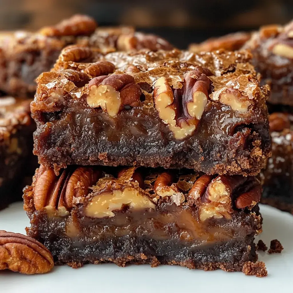 A close look at a stack of chocolate brownies with pecans and a shiny caramel topping.