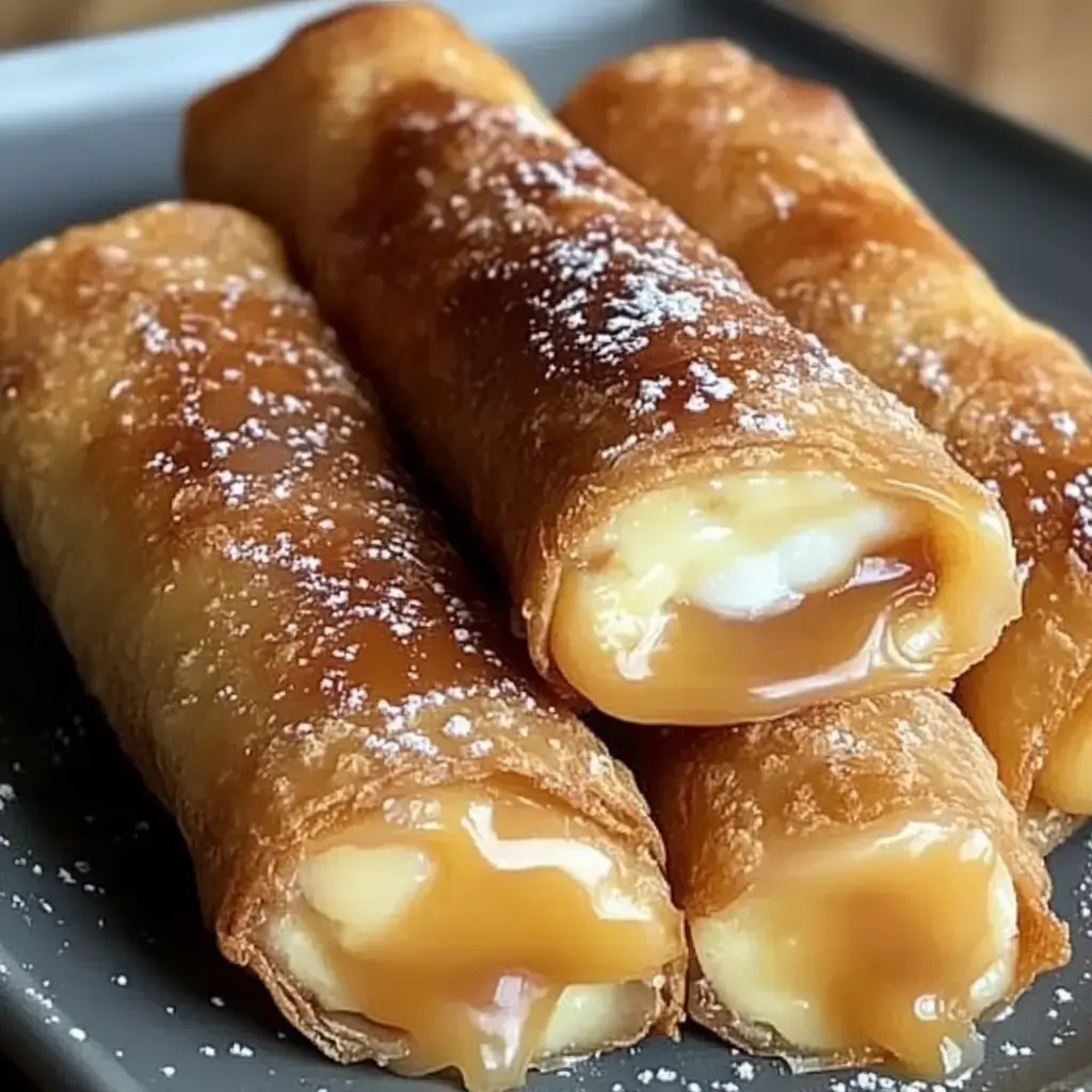 Close-up of crispy golden rolls filled with creamy cheesecake, topped with caramel and powdered sugar.