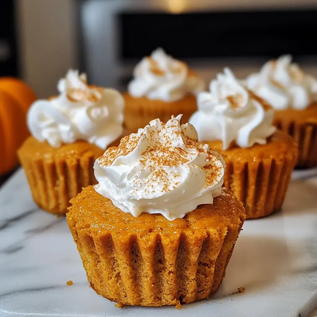 A tray of pumpkin pie cupcakes topped with whipped cream and a sprinkle of cinnamon.