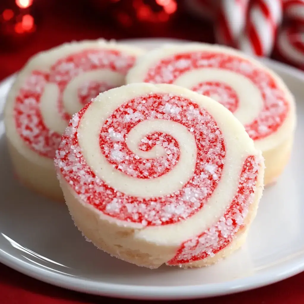 A festive batch of red and white cookies with candy cane edges on a cheerful holiday table.