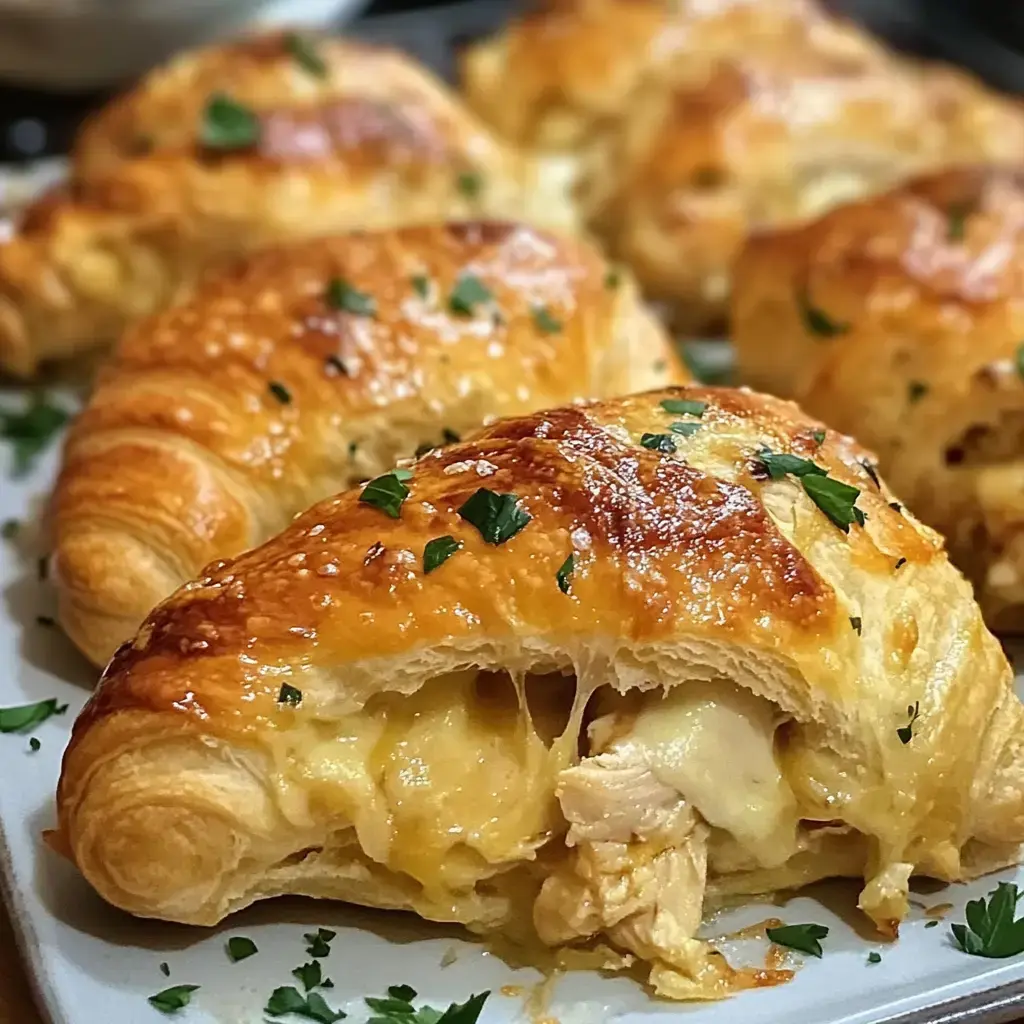Golden-baked crescents filled with cheese and chicken, topped with chopped parsley.