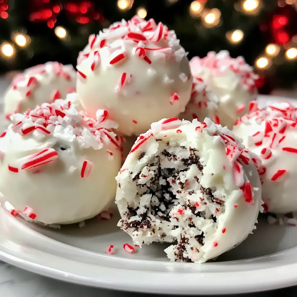 White chocolate truffles topped with crushed peppermint on a plate, one bitten to show the creamy cookie filling.