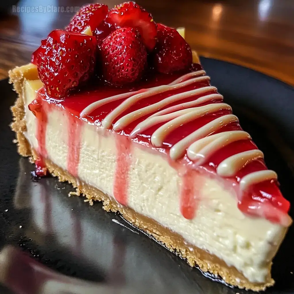 Creamy Strawberry Cheesecake with White Chocolate Drizzle