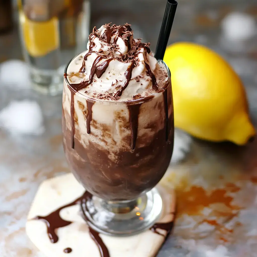 A frozen dessert drink topped with whipped cream and chocolate drizzle, served with a lemon in the background.