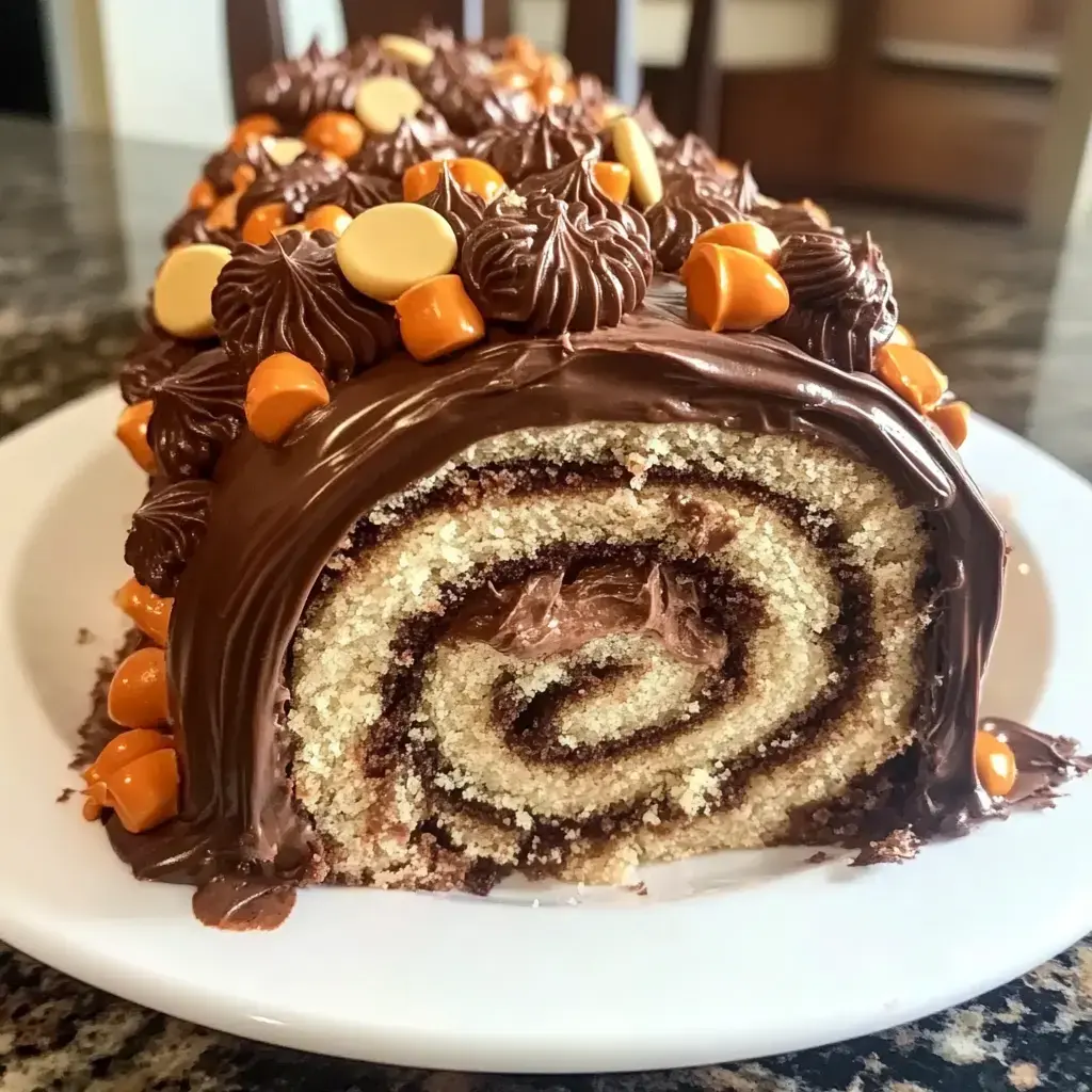 A rolled chocolate cake with peanut butter filling, decorated with ganache swirls and orange candies.