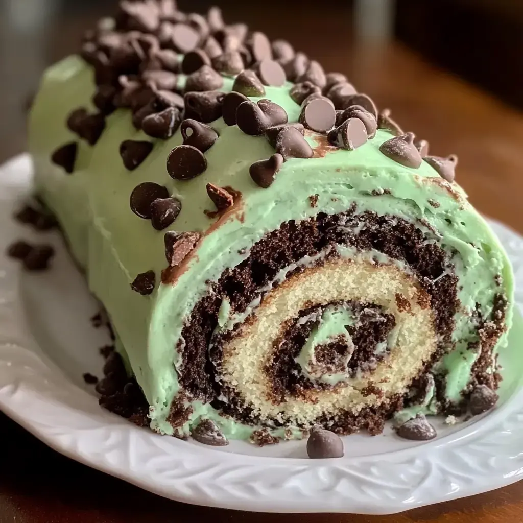 A mint chocolate roll cake with ganache and chocolate bits, served on a white dish.