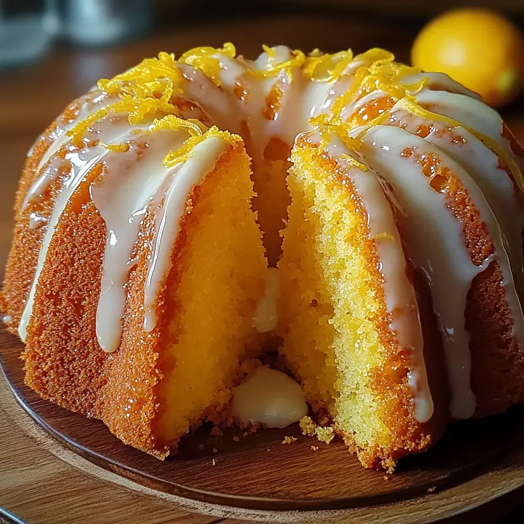 A moist lemon bundt cake glazed and cut, showing a fluffy interior.