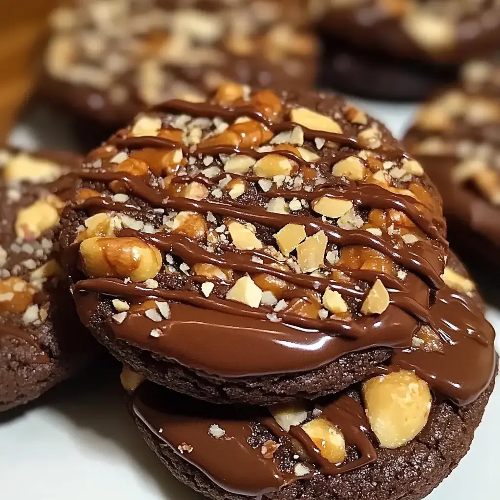 Close-up of soft chocolate cookies with nuts and chocolate drizzle.