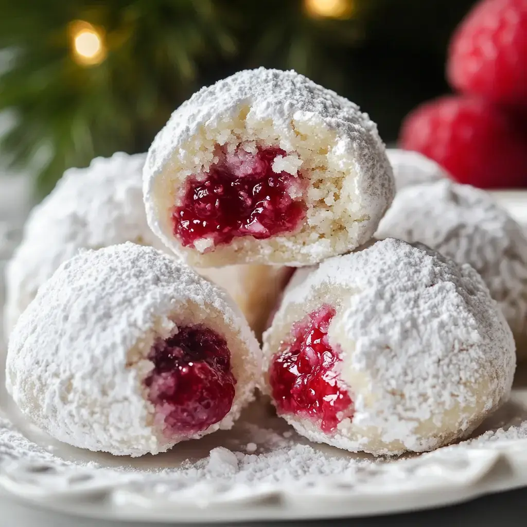 A dish of powdered almond cookies stuffed with raspberry filling, some split to show the red center inside.