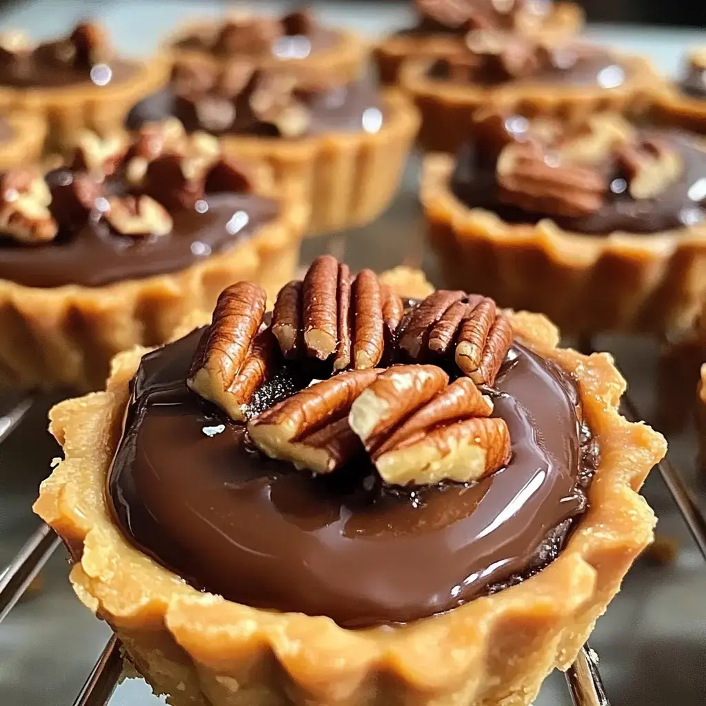 Close-up view of chocolate tartlets topped with pecans.