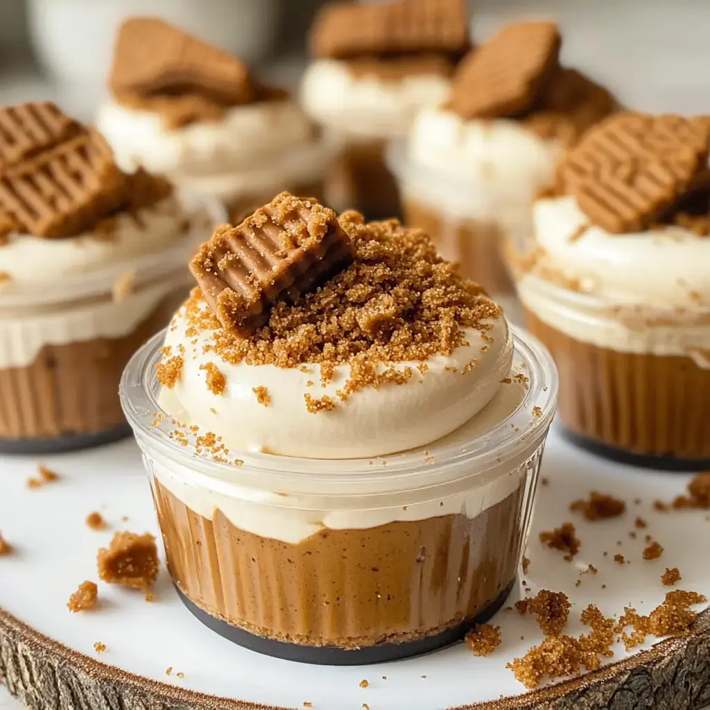 Close-up view of dessert cups filled with caramel cream layers and topped with cookie crumbles and whole cookies.
