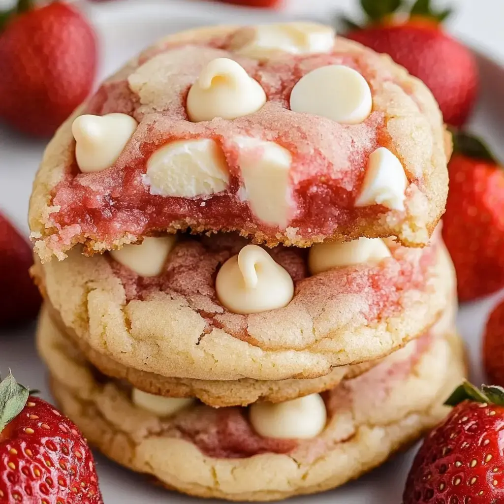 Stacked pink strawberry cookies with white chocolate chunks, surrounded by fresh fruit. One cookie is missing a bite, showing a gooey core.